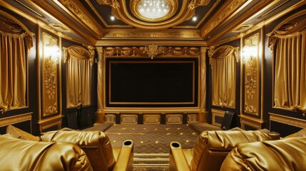 Uses the setting of a private home theater adorned in rich golds and plush seating, offering an exclusive entertainment experience within the comfort of the home