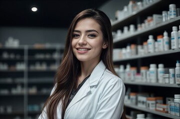 Fototapeta premium Portrait of smiling female pharmacist looking at camera in drugstore