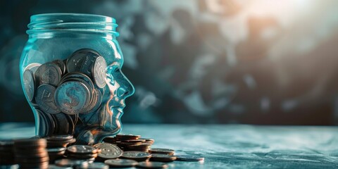 Blue glass jar filled with coins shaped like a human head against a blurred background.