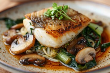 Close up of Thai fried cod with bok choi and mushrooms - obrazy, fototapety, plakaty