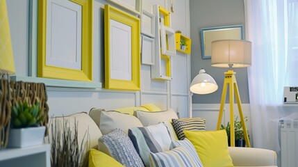 Uses detailed shots of decorative elements like yellow picture frames and lamps, adding pops of color that transform the budget apartment without breaking the bank