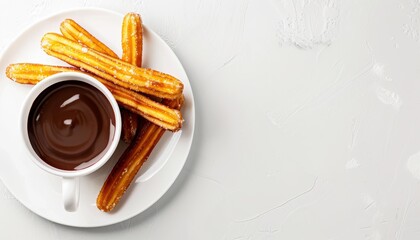 Churros and chocolate classic Spanish food on white background from above with room for text