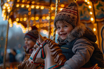 Christmas Market Carousel - Children joyfully riding a vintage carousel adorned with festive lights