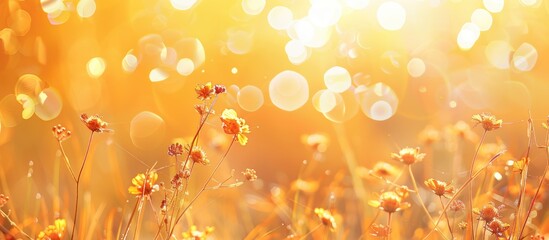 Concept of a joyful new day: Beautiful golden light background of a stunning yellow meadow at sunrise in autumn with bokeh effects.