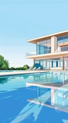 Uses a shot from the edge of the pool, looking back at the expansive house, the pool s cool blues mirroring the clear sky, emphasizing the property s expansive and open design