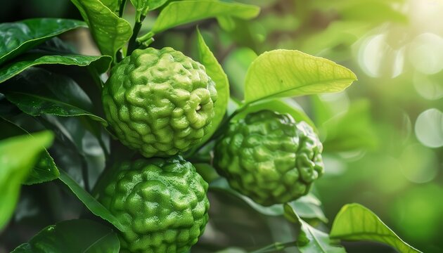 Citrus bergamia a small winter blooming tree has leaves with a background of green The fruit of Bergamot contains flavonoid phytochemicals