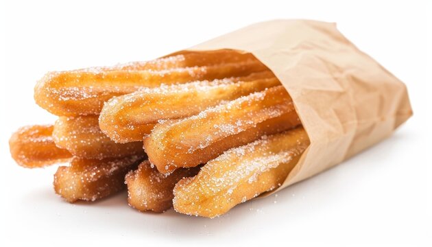 Close up of a churro a fried dough pastry in a paper bag with powdered sugar isolated on white