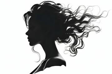 Stark black and white digital artwork of a woman's silhouette with flowing hair, showcasing contrast