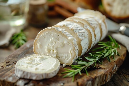 Close up of Buche de Chevre with white rind on cutting board