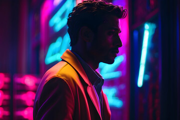 Obraz premium Stylish man in a bright colored suit stands against a backdrop of vivid neon lights in an urban setting