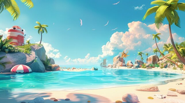 Sea panorama. Bay, tropical beach 3d