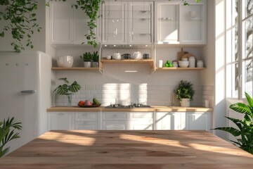Bright kitchen interior with an empty classic wooden table in the foreground.