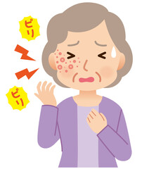 Fototapeta na wymiar 帯状疱疹ができて痛みがある高齢者女性　症状