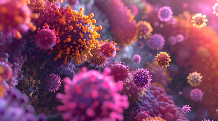 Rendered virus particles appear suspended in a microscopic view of a biological ecosystem, highlighted with a deep blue and pink color palette
