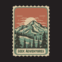 Obraz premium Mountain hiking and adventure illustration vintage t shirt design, minimalist tshirt, minimal design, summer shirt, mountain hiking, Vector illustration with wild, mountain, Hiker, and adventure