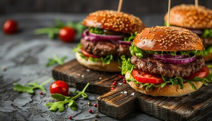 Close up view of homemade hamburgers on a gray cutting board with a gray background