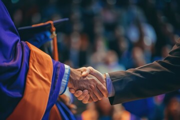Handshake at graduation ceremony with blue and orange academic regalia. Education day and academic concept. 