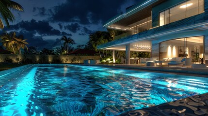 Fototapeta na wymiar Showcases a nighttime view of the house and pool, with underwater lights casting a cool blue glow that transforms the area into a highend resortlike retreat