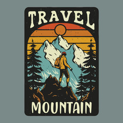 Mountain hiking and adventure illustration vintage t shirt design, minimalist tshirt, minimal design, summer shirt, mountain hiking, Vector illustration with wild, mountain, Hiker, and adventure