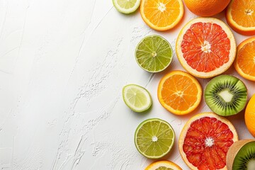 Fototapeta na wymiar Colorful fresh fruits on white table Oranges tangerines limes kiwis grapefruits Top view with copy space