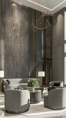 Showcases a lobby of a luxury rental property, where solid gray furnishings speak to the upscale, strategic market positioning intended to attract discerning tenants