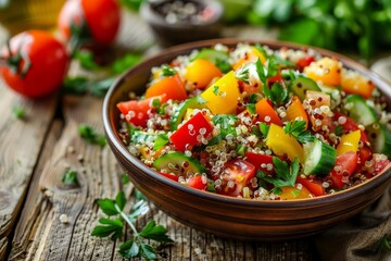 Colorful healthy salad with quinoa tomatoes pepper cucumber and parsley on wooden background Superfood dish - obrazy, fototapety, plakaty