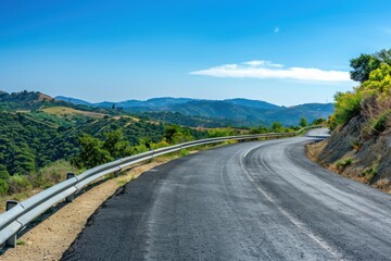 Curvy road in hilly countryside under blue sky