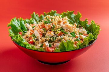 Crab salad on red background with breadcrumbs and lettuce viewed from the side