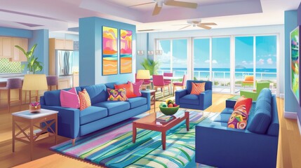 Showcases an artful display of marineinspired artwork in the condominium, using soft turquoises that complement the breathtaking sea views from the windows
