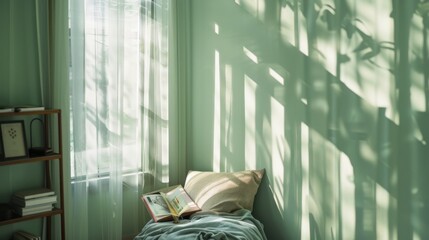 Sets up an image of a quiet reading nook inside the home, with soft green walls and sunlight filtering through sheer curtains, creating a tranquil space for relaxation - obrazy, fototapety, plakaty