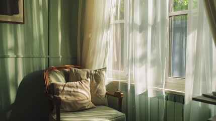 Sets up an image of a quiet reading nook inside the home, with soft green walls and sunlight filtering through sheer curtains, creating a tranquil space for relaxation - obrazy, fototapety, plakaty