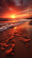 The image shows a magnificent sunset on a deserted beach, with the sun sinking below the horizon and illuminating the sky with warm shades of orange, red and pink.