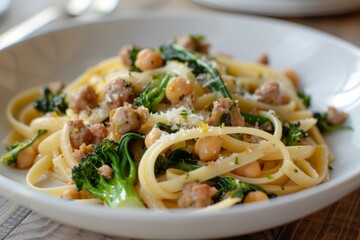 Creamy ricotta sauce with linguine Italian sausage chickpeas and broccolini