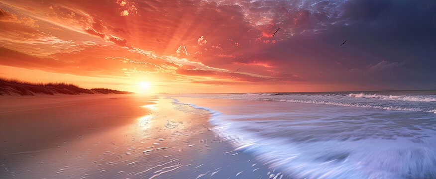 The image shows a magnificent sunset on a deserted beach, with the sun sinking below the horizon and illuminating the sky with warm shades of orange, red and pink.
