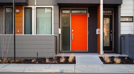 Sets a scene at the townhouse entrance, where a vibrant orange door welcomes residents and visitors, symbolizing a gateway to the energetic metro life