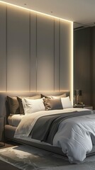 Sets a luxurious bedroom in the condominium, where soft lighting enhances the sleek gray walls and bedding, creating a serene, sophisticated retreat