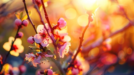 Beautiful nature spring flowering apricot tree scene with sun flare on blur background. AI generated
