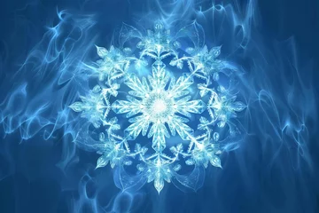 Fotobehang intricate snowflake on abstract blue background generative art winter illustration © Lucija