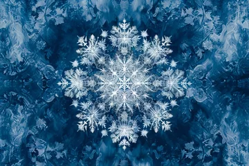 Fotobehang intricate snowflake on abstract blue background generative art winter illustration © Lucija