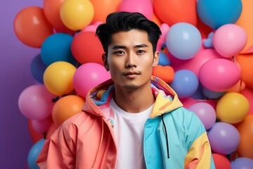 Fototapeta na wymiar asian guy colorful theme fashion generation-z influencer posing for ad product promotion from Generative AI