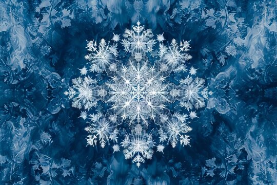 intricate snowflake on abstract blue background generative art winter illustration