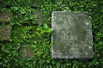 a stone slab with an inscription lies on the grass
