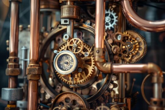 intricate steampunk mechanism with brass gears copper pipes and vintage clocks