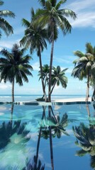 Fototapeta na wymiar Photographs the reflection of palm trees on the waters surface, with the tranquil aqua of the pool creating a tropical and peaceful retreat atmosphere