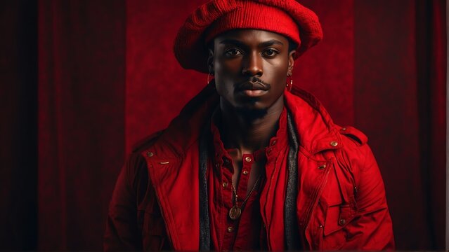 black african guy red theme fashion generation-z influencer posing for ad product promotion from Generative AI