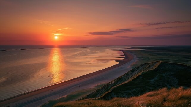 Beautiful beach with dune over sunset view background. AI generated image