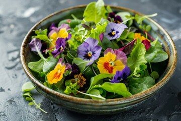 Edible flower spring salad with lamb s lettuce broccoli and kale microgreens - obrazy, fototapety, plakaty