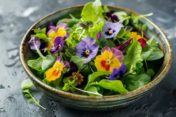 Fotobehang Edible flower spring salad with lamb s lettuce broccoli and kale microgreens © The Big L