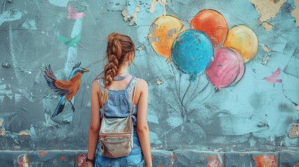 Creative woman with balloons drawn in chalk, a bird companion on the wall, playful and artistic