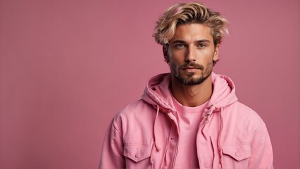 caucasian guy pink theme fashion generation-z influencer posing for ad product promotion from Generative AI